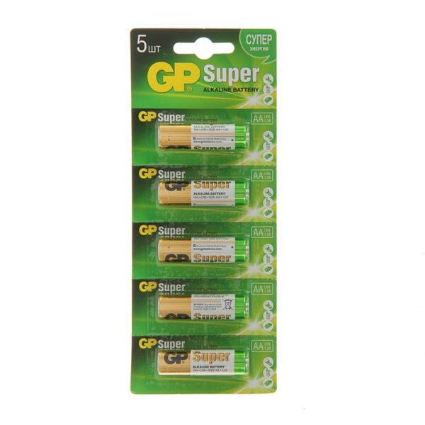 Батарейка алкалиновая GP Super, AA, LR6-5BL, 1.5В, отрывной блистер, 5 шт.